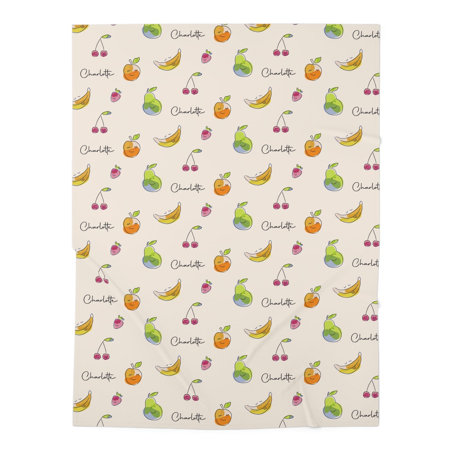 Jersey personalized baby blanket in happy fruit pattern laid flat