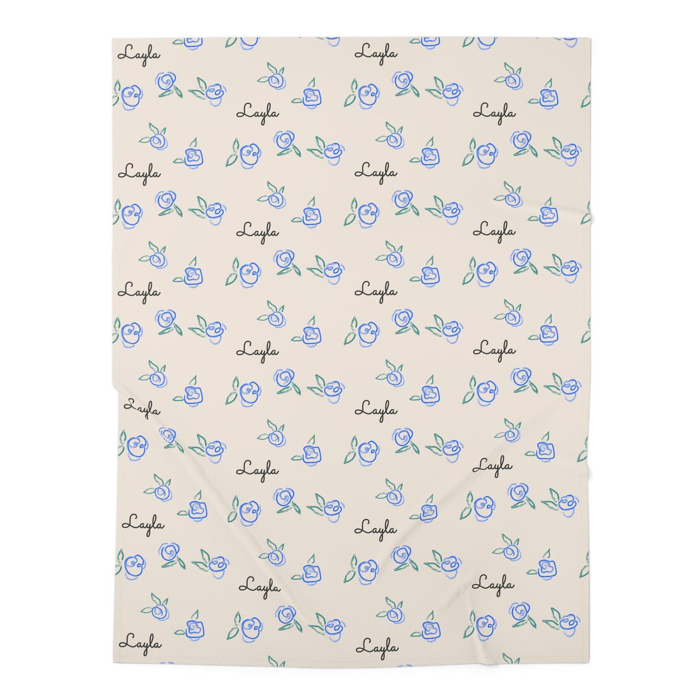 Jersey personalized baby blanket in blue rose pattern laid flat