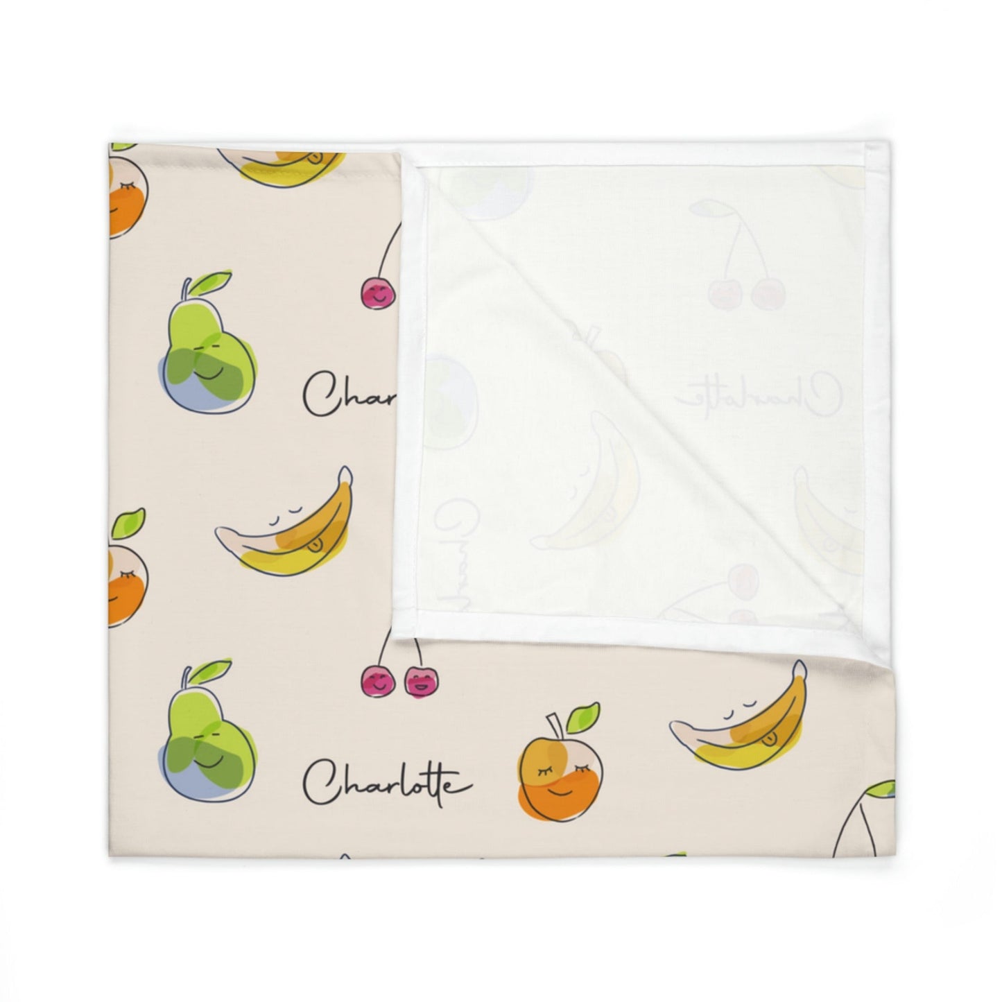 Folded jersey fabric personalized baby blanket in happy fruit pattern