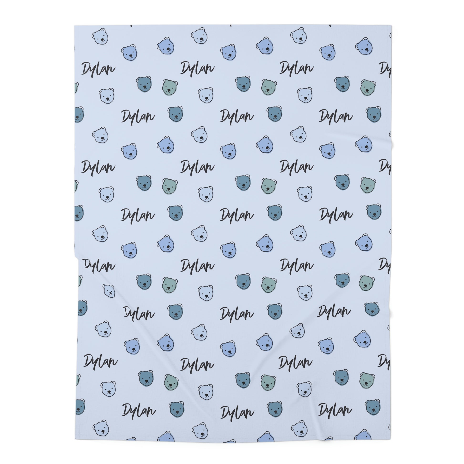 Jersey personalized baby blanket in blue cuddly bear pattern laid flat