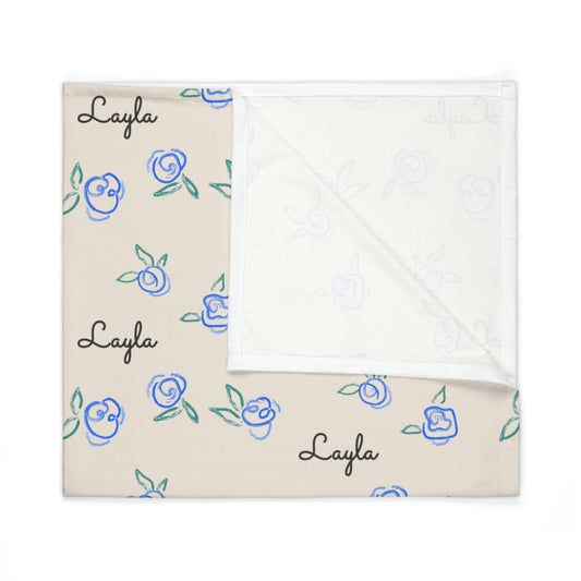 Folded jersey fabric personalized baby blanket in blue rose pattern