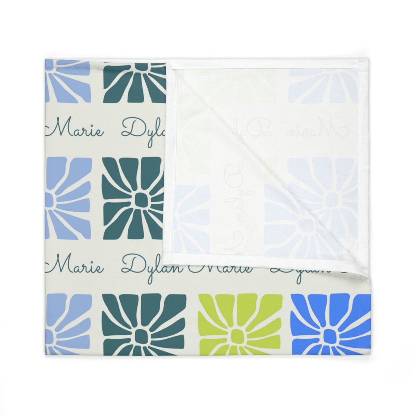 Folded jersey fabric personalized baby blanket in boho blue flower pattern