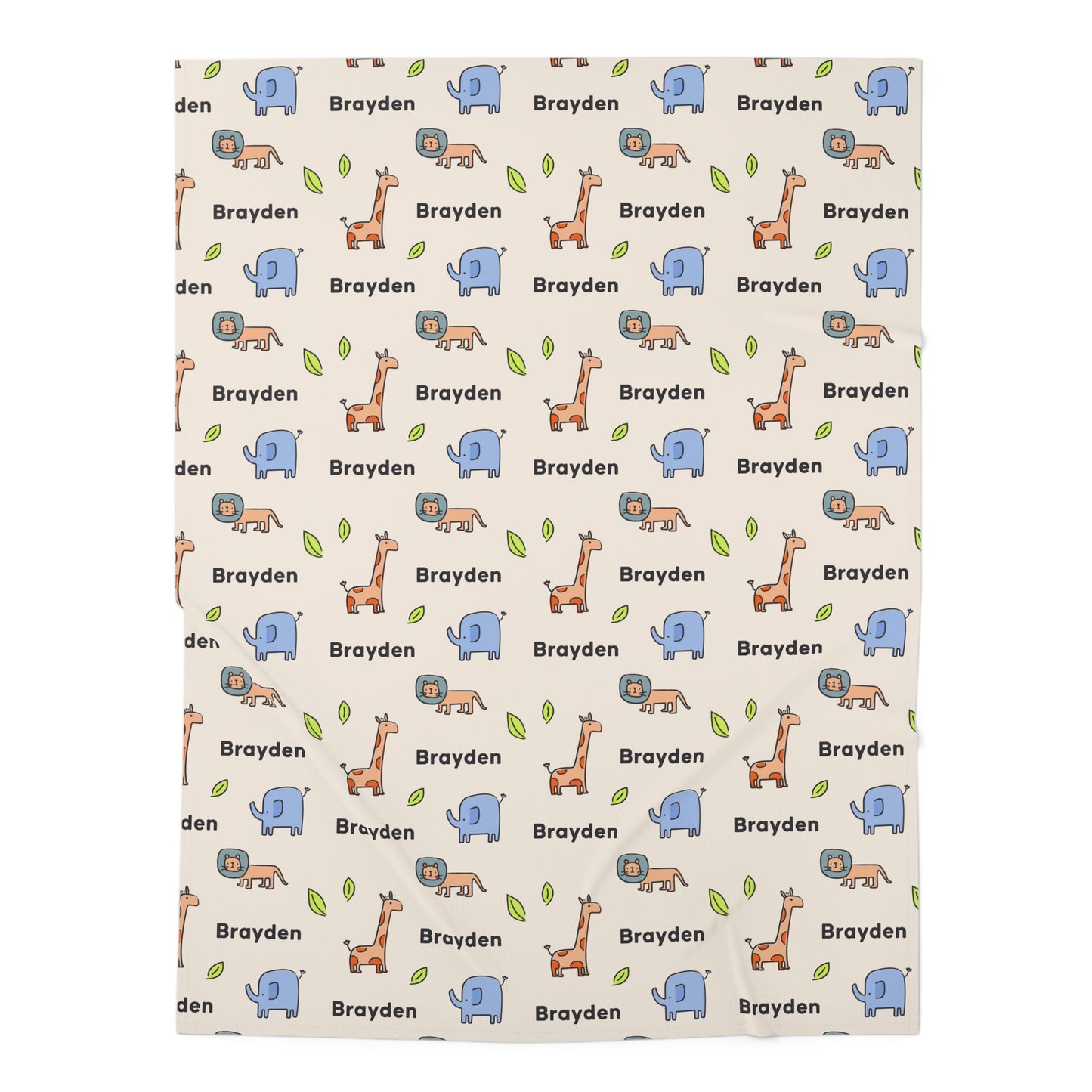 Jersey personalized baby blanket in safari animal pattern laid flat