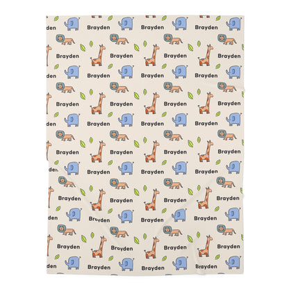 Jersey personalized baby blanket in safari animal pattern laid flat