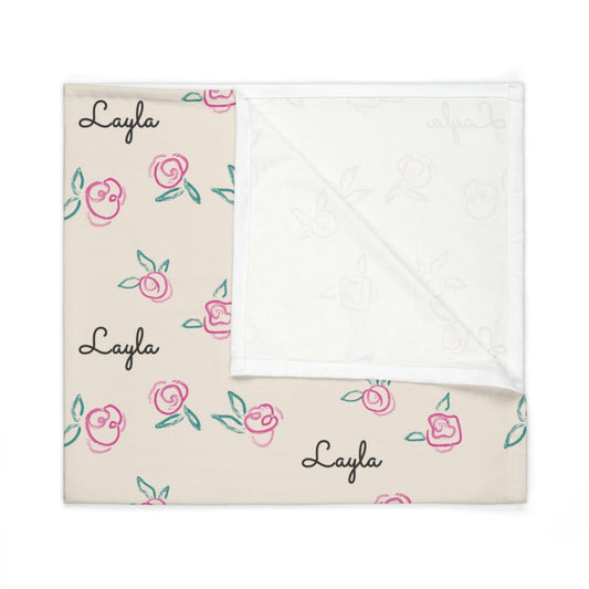 Folded jersey fabric personalized baby blanket in pink rose pattern