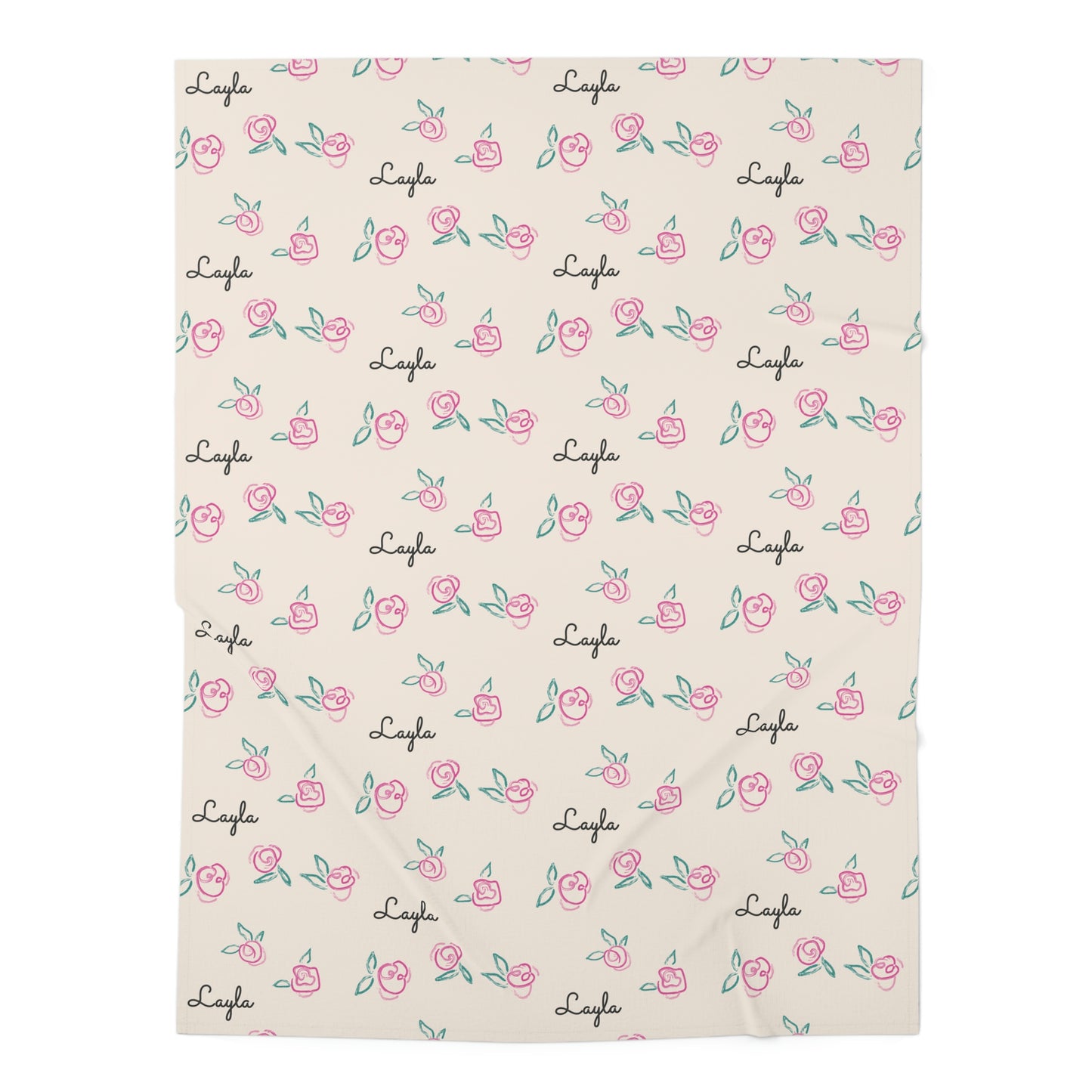 Jersey personalized baby blanket in pink rose with green leaves pattern laid flat