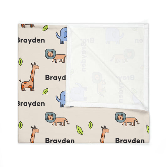 Folded jersey fabric personalized baby blanket in safari animal pattern