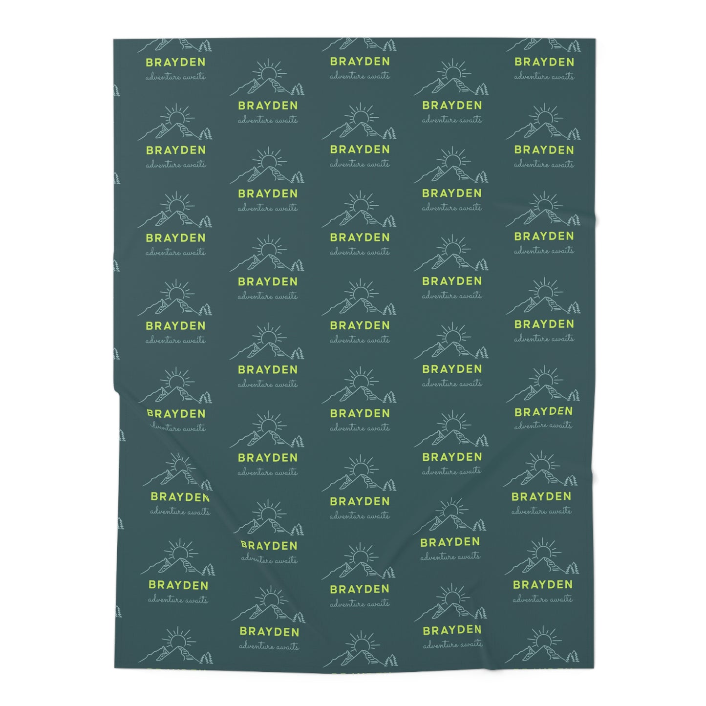 Jersey personalized baby blanket in green mountain adventure pattern laid flat