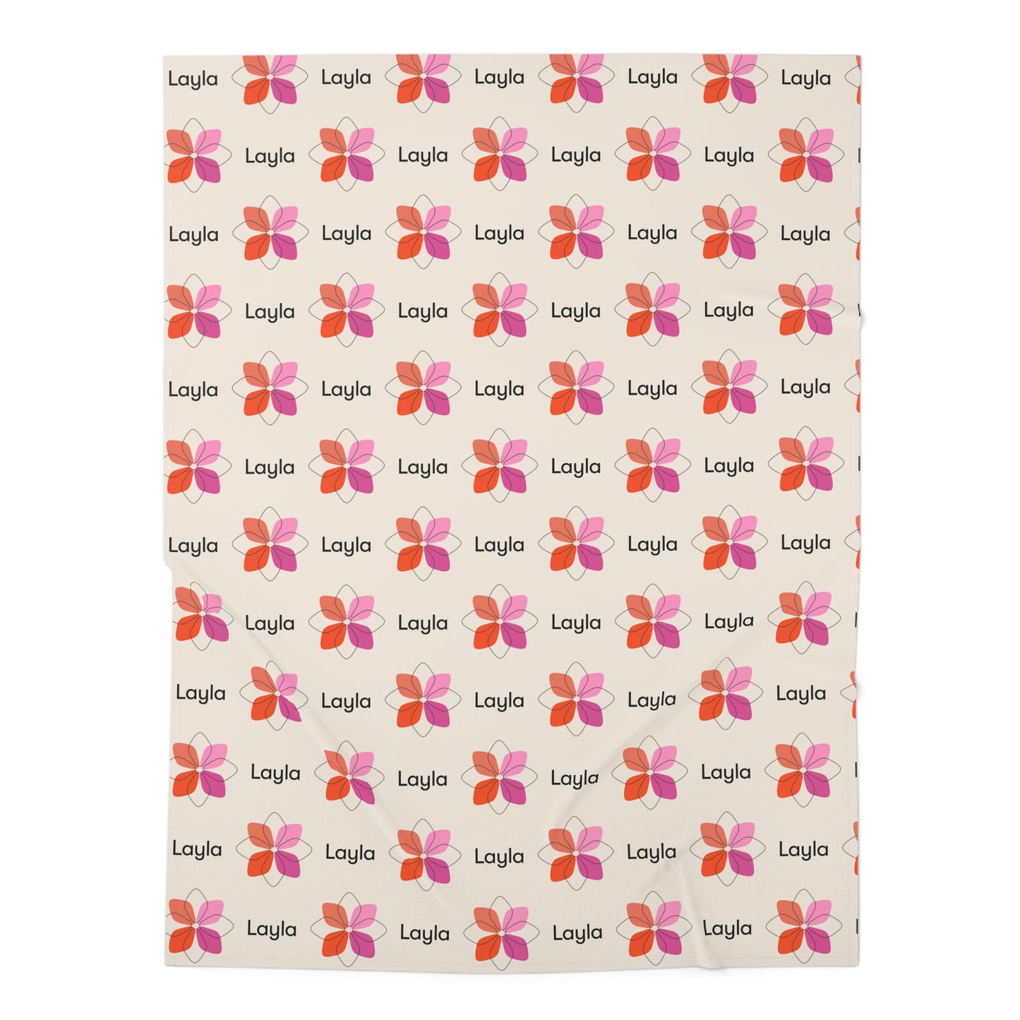 Jersey personalized baby blanket in pink boho geometric flower pattern laid flat