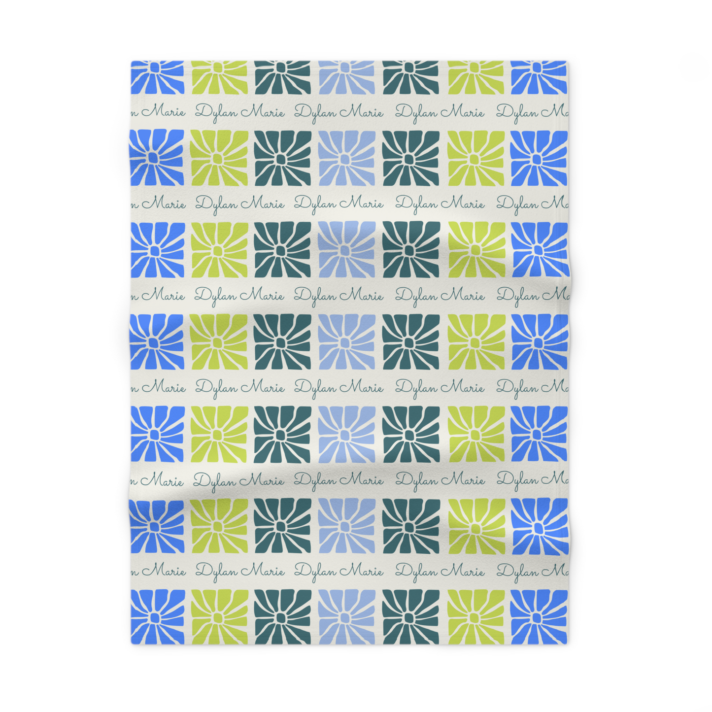 Fleece personalized baby blanket in boho blue flower pattern laid flat