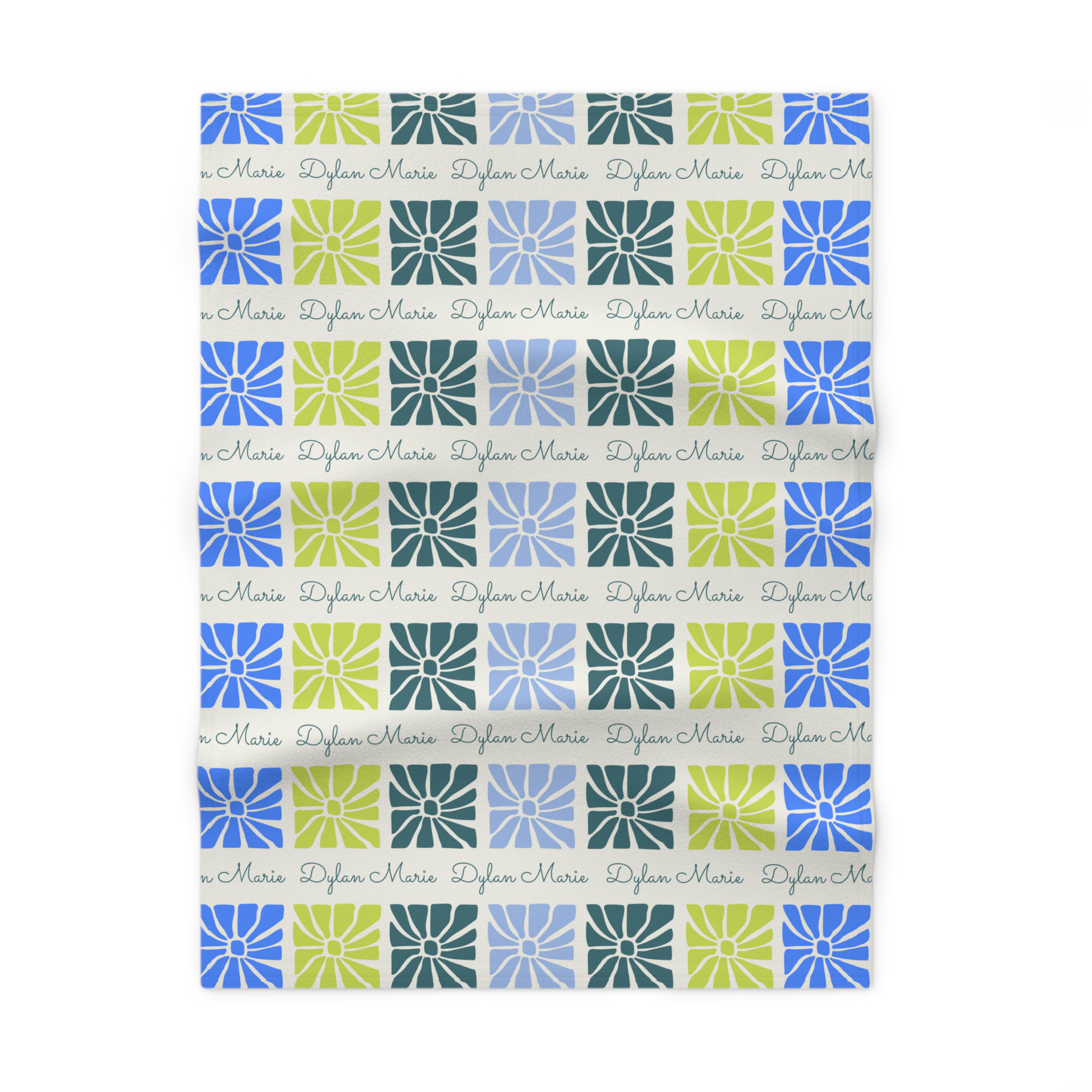 Fleece personalized baby blanket in boho blue flower pattern laid flat
