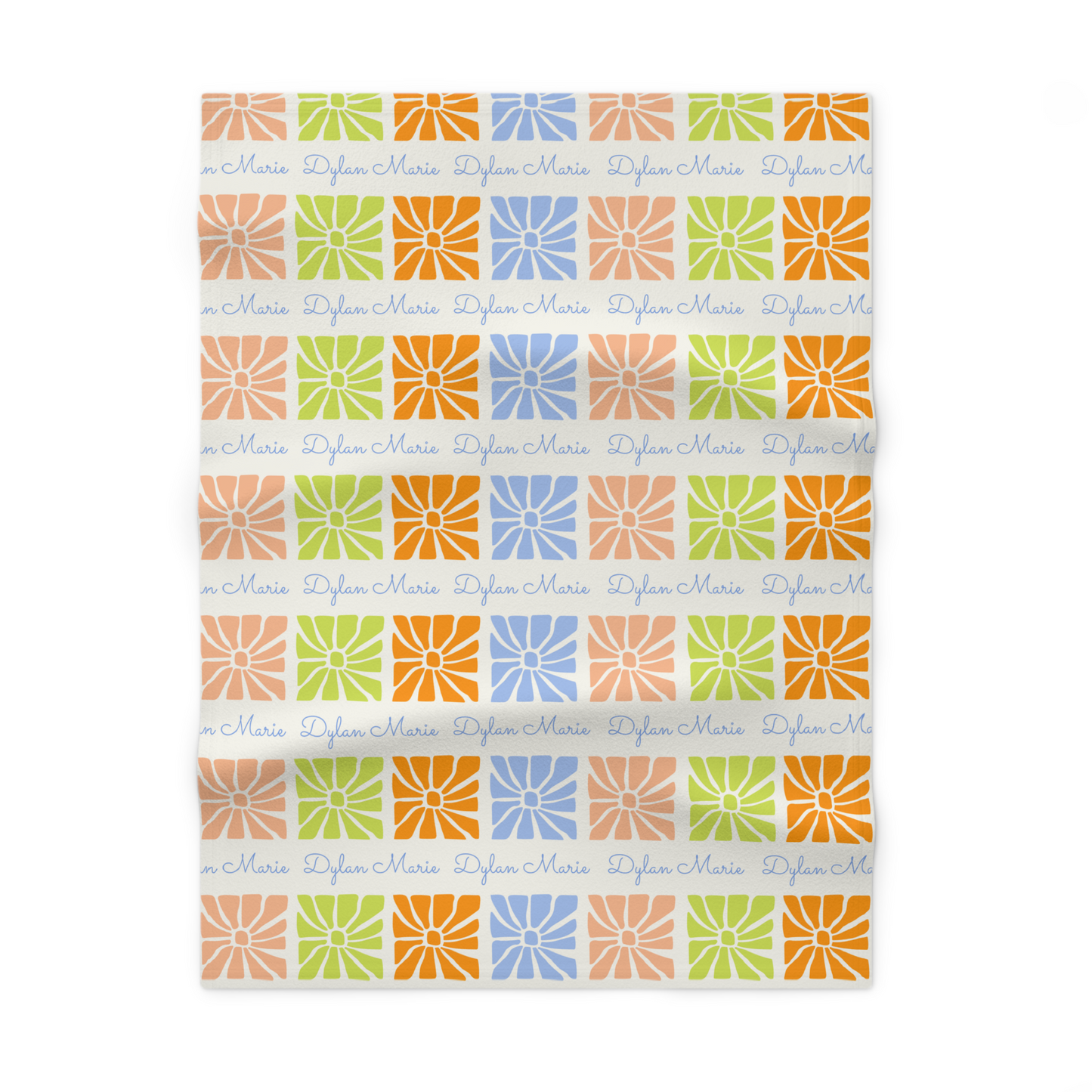 Fleece personalized baby blanket in multi-colored boho flower pattern laid flat