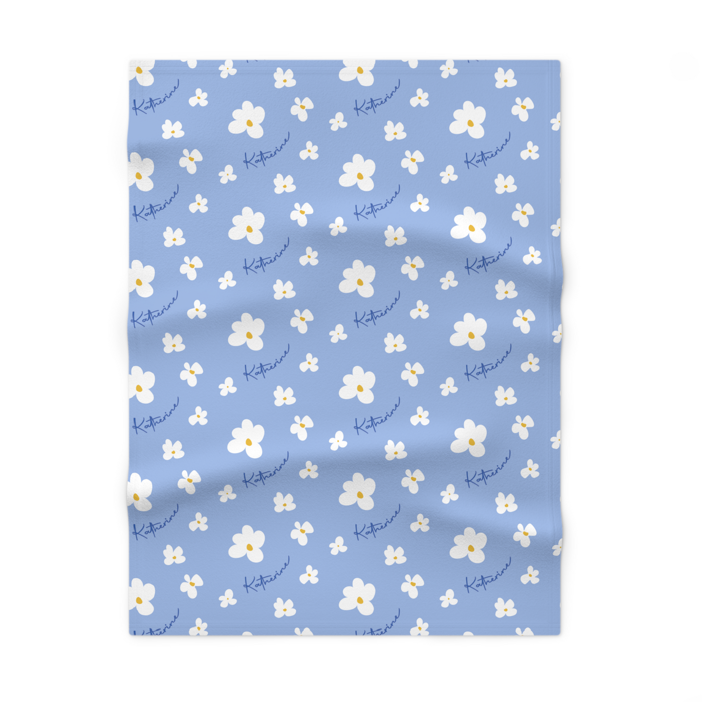 Fleece personalized baby blanket in blue daisy pattern laid flat