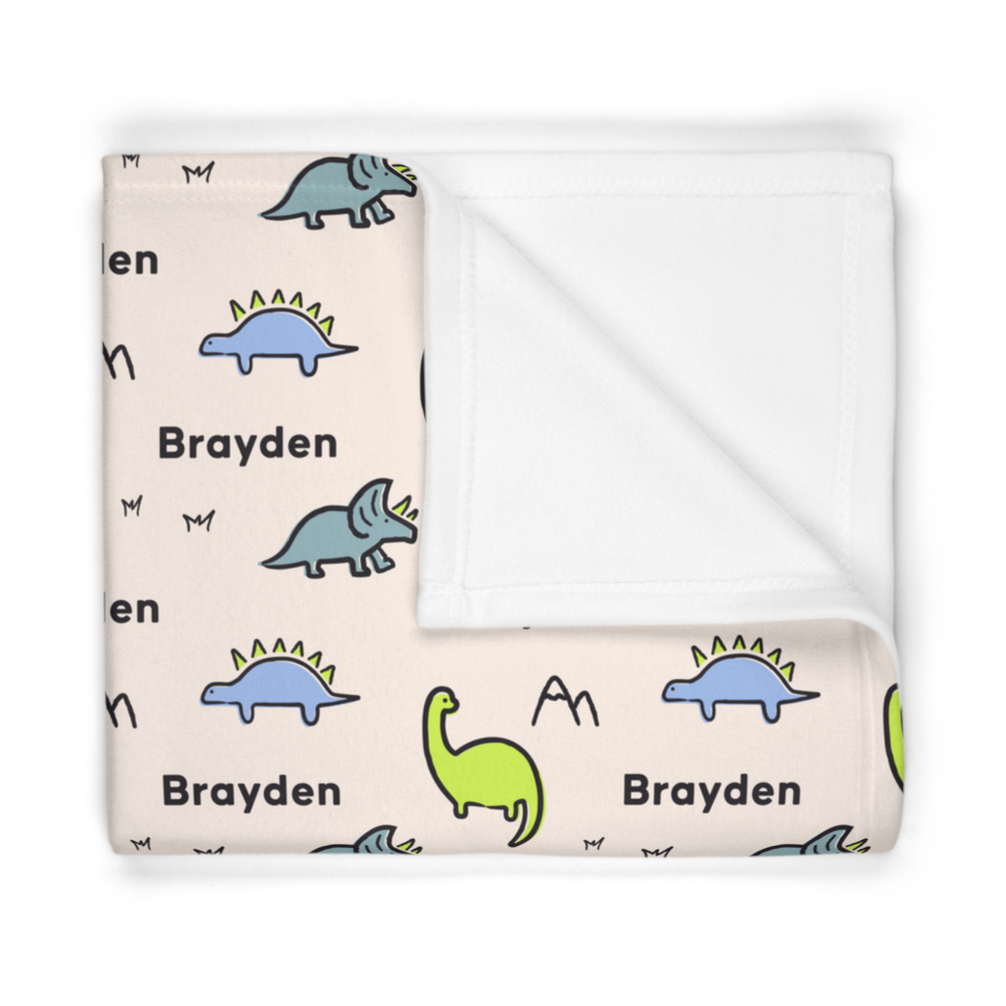 Folded fleece fabric personalized baby blanket in dinosaur pattern