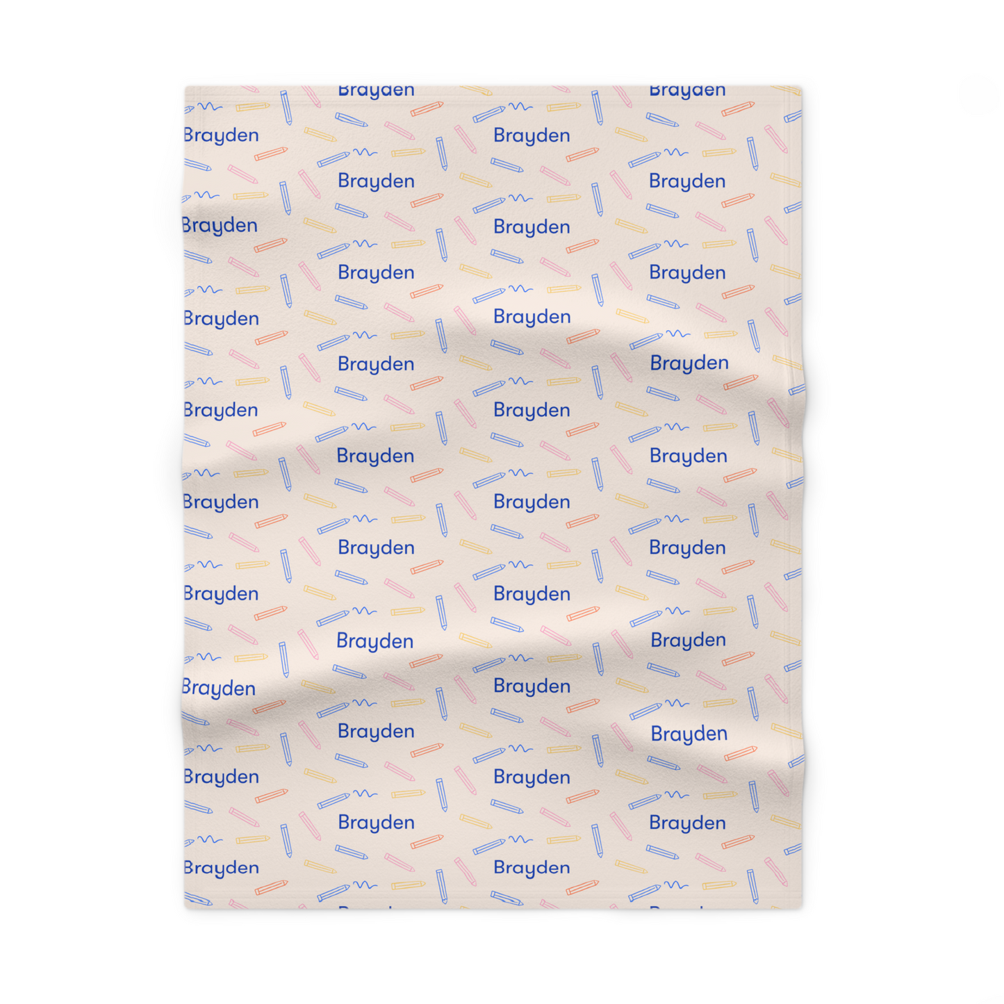Fleece personalized baby blanket in colored pencil pattern laid flat