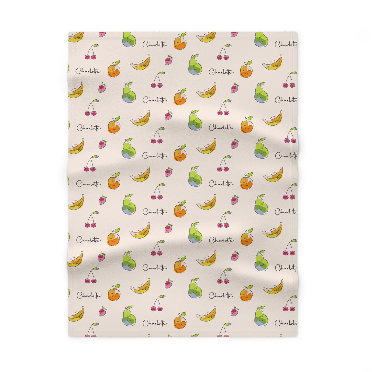 Fleece personalized baby blanket in happy fruit pattern laid flat