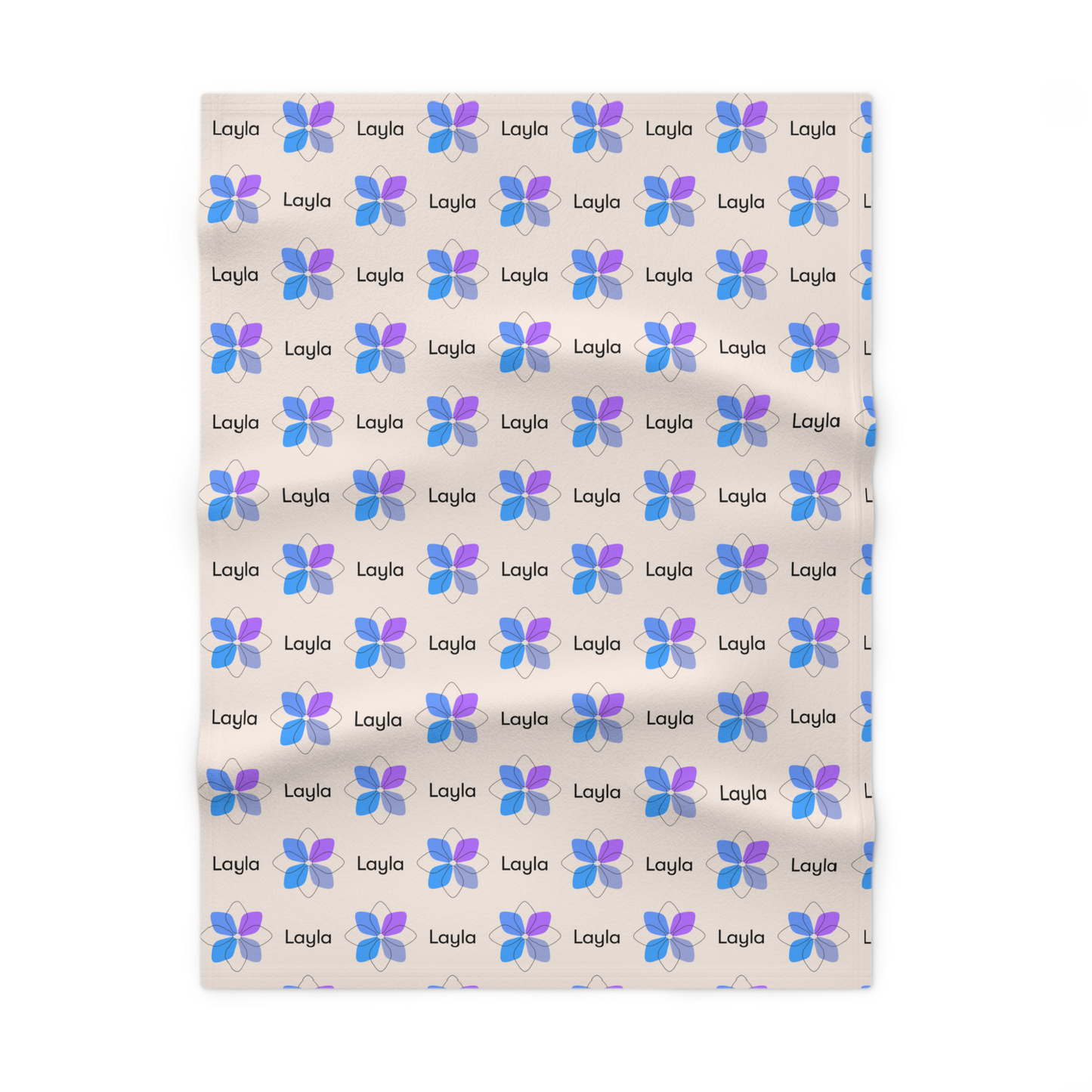 Fleece personalized baby blanket in blue boho geometric flower pattern laid flat