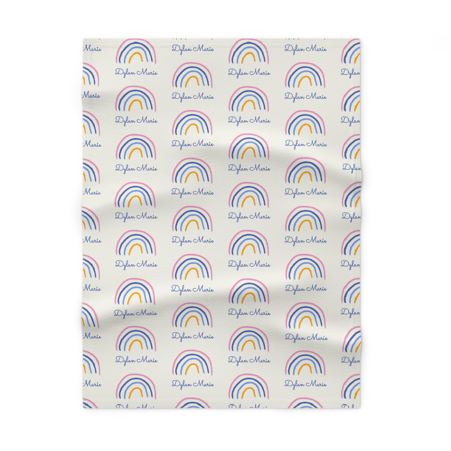 Fleece personalized baby blanket in rainbow pattern laid flat