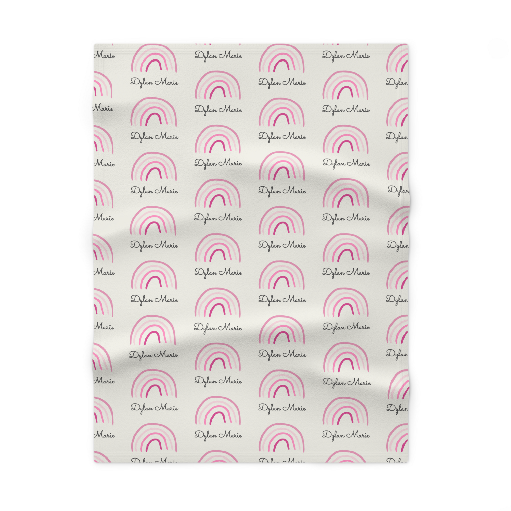 Fleece personalized baby blanket in pink rainbow pattern laid flat
