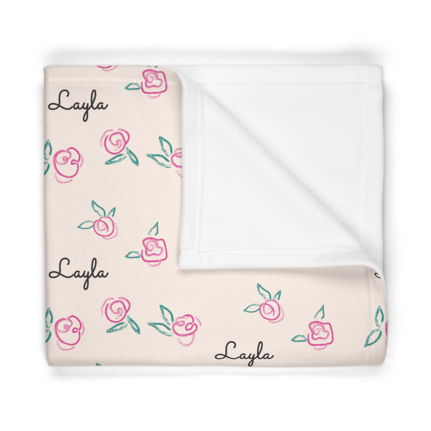 Folded fleece fabric personalized baby blanket in pink rose with green leaves pattern