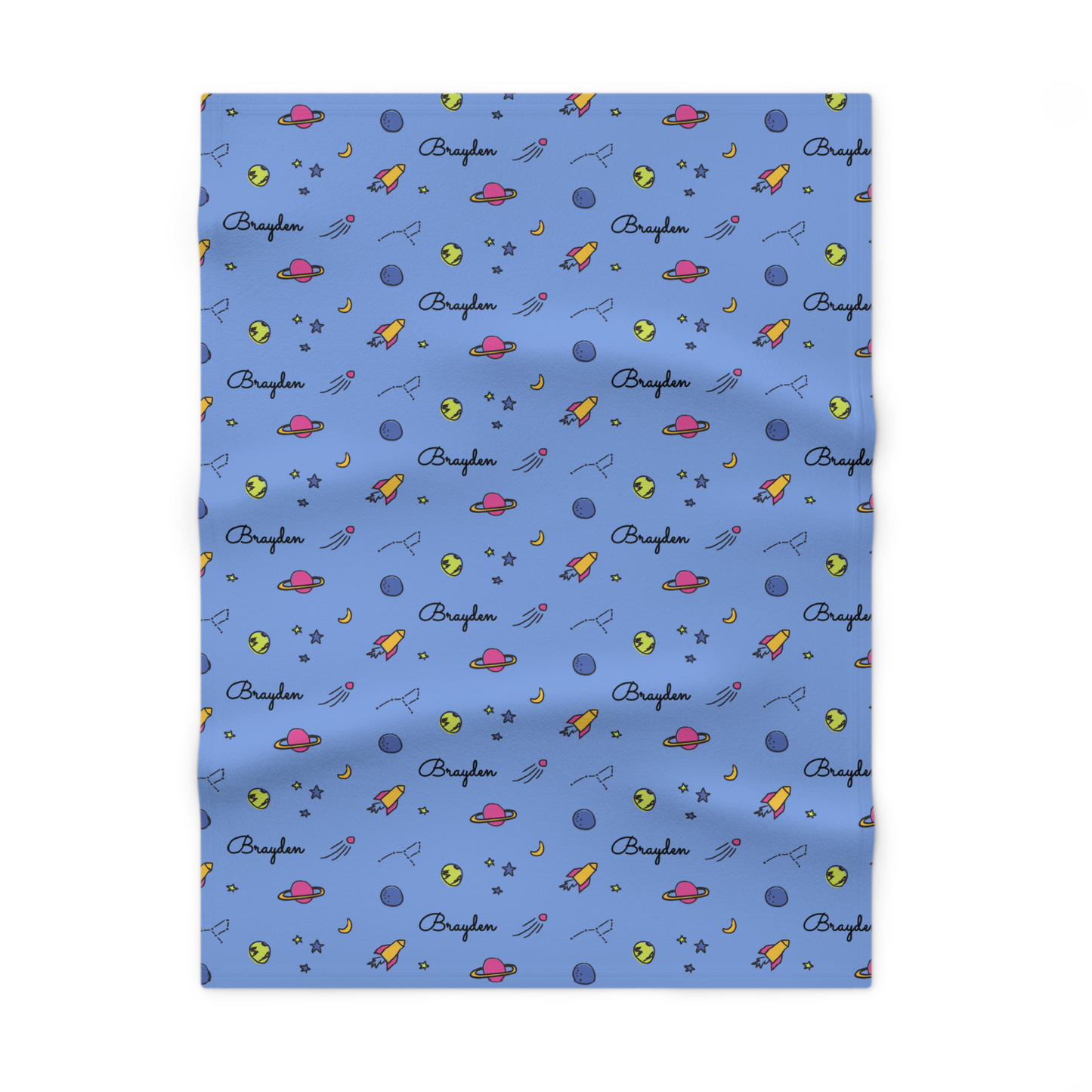 Fleece personalized baby blanket in space, rocket and stars pattern laid flat