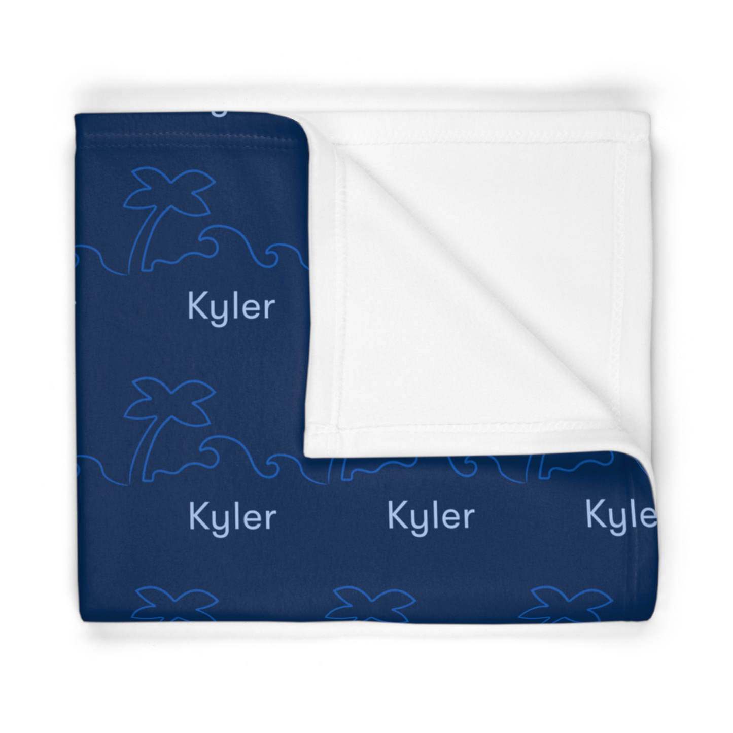 Folded fleece fabric personalized baby blanket in surf and palm tree pattern