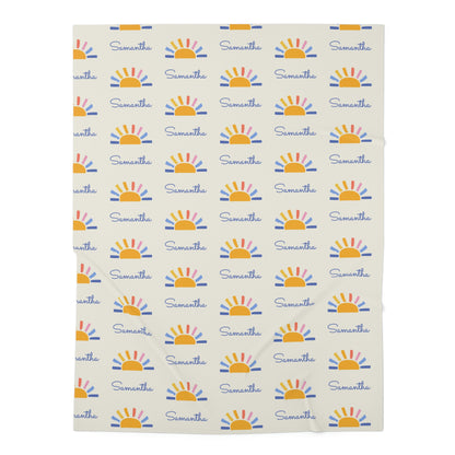 Jersey personalized baby blanket in sun pattern laid flat