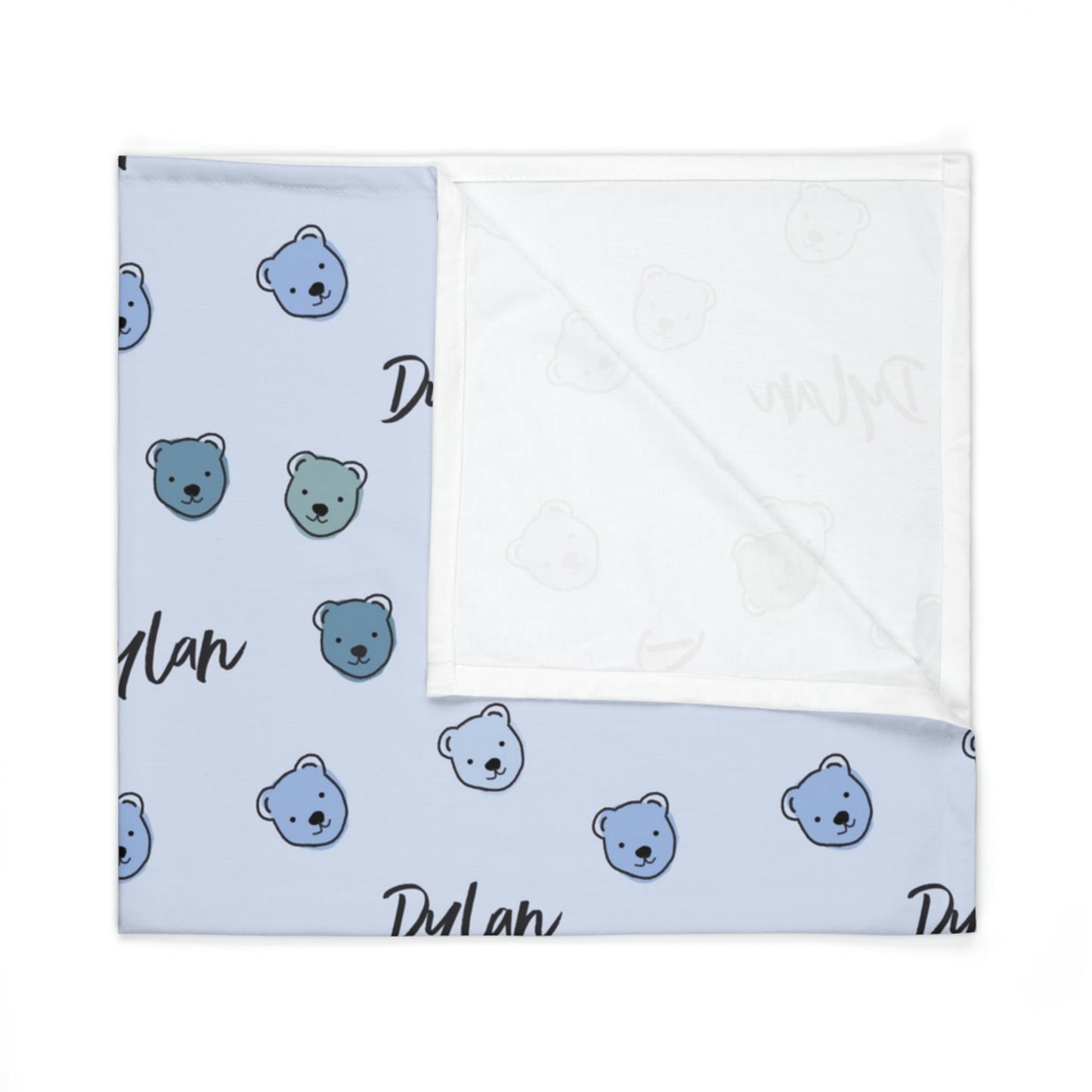 Folded jersey fabric personalized baby blanket in blue cuddly bear pattern