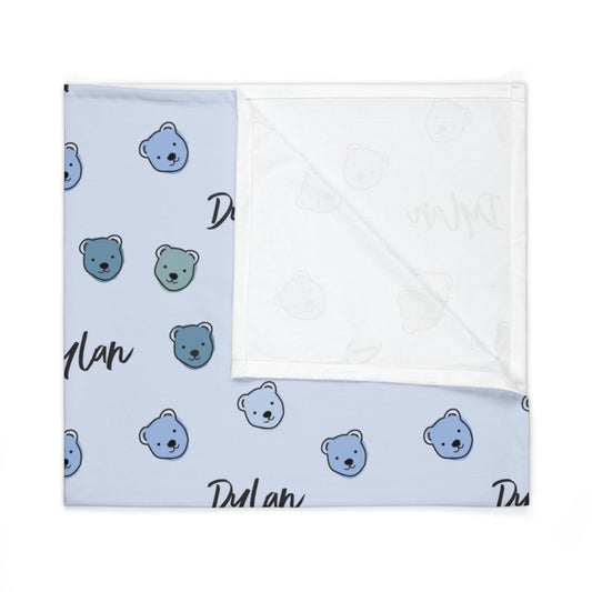 Folded jersey fabric personalized baby blanket in blue cuddly bear pattern