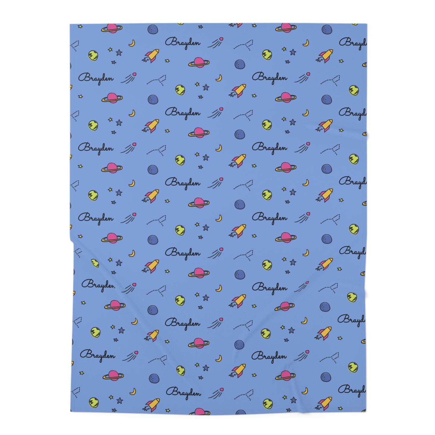 Jersey personalized baby blanket in space, rocket and stars pattern laid flat