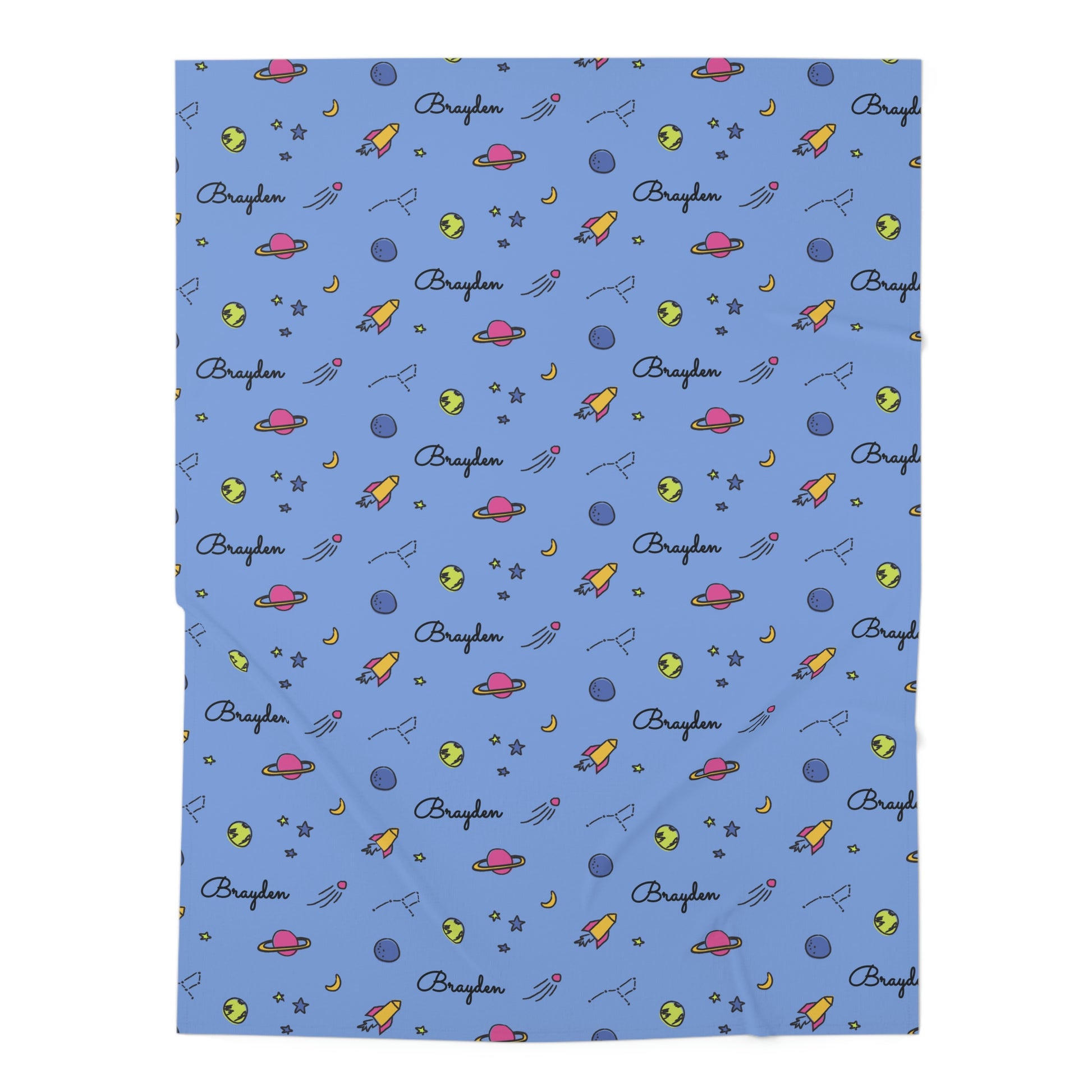 Jersey personalized baby blanket in space, rocket and stars pattern laid flat