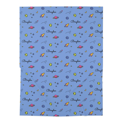 Jersey personalized baby blanket in space, rocket and stars pattern laid flat