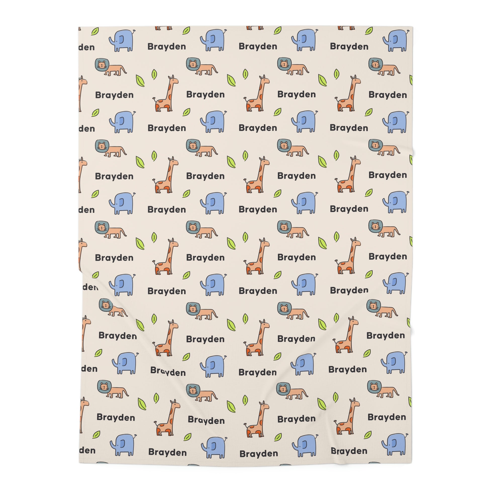 Jersey personalized baby blanket in safari animal pattern laid flat