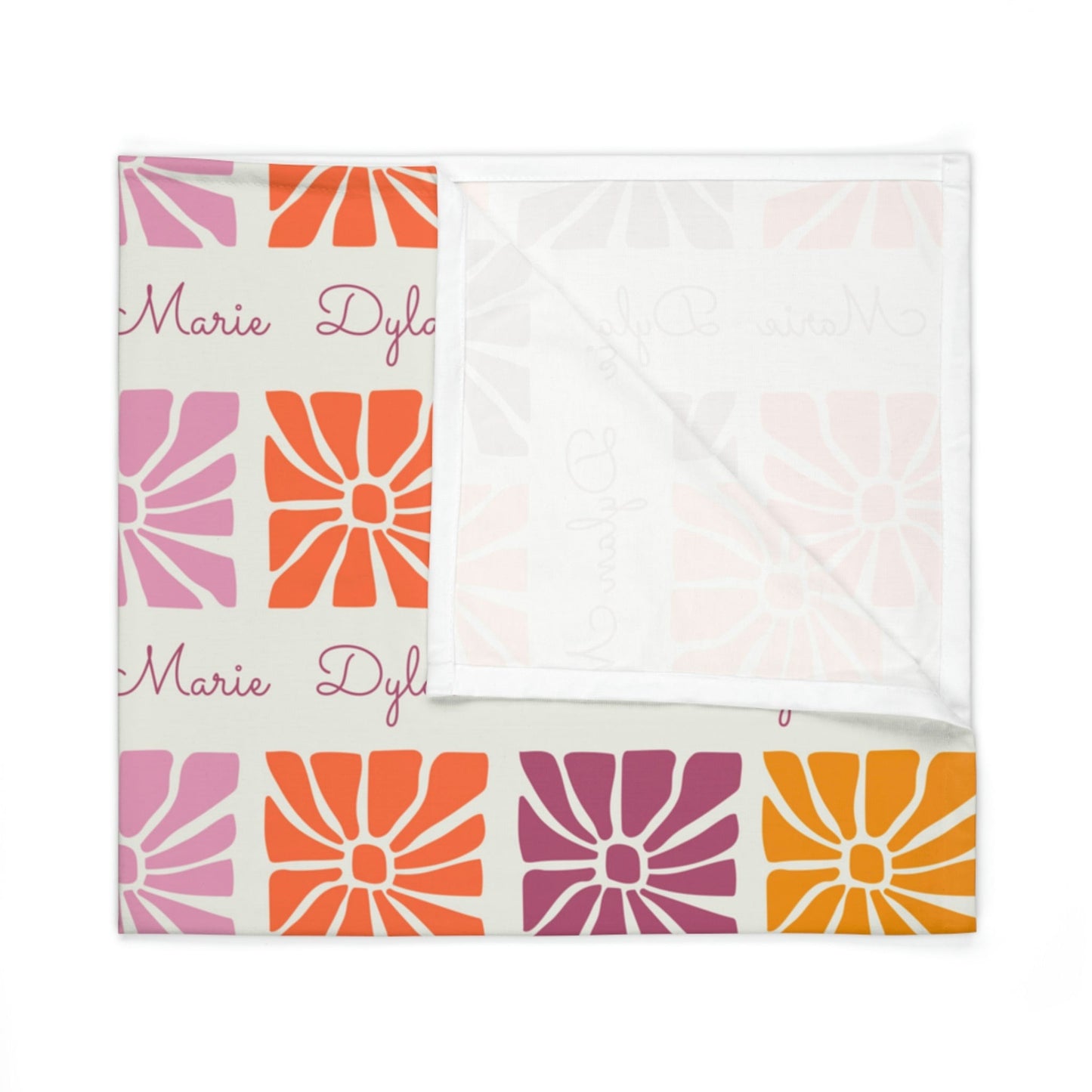 Folded jersey fabric personalized baby blanket in pink boho flowers pattern