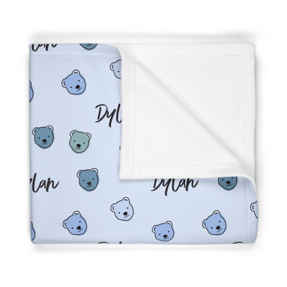 Folded fleece fabric personalized baby blanket in blue cuddly bearpattern