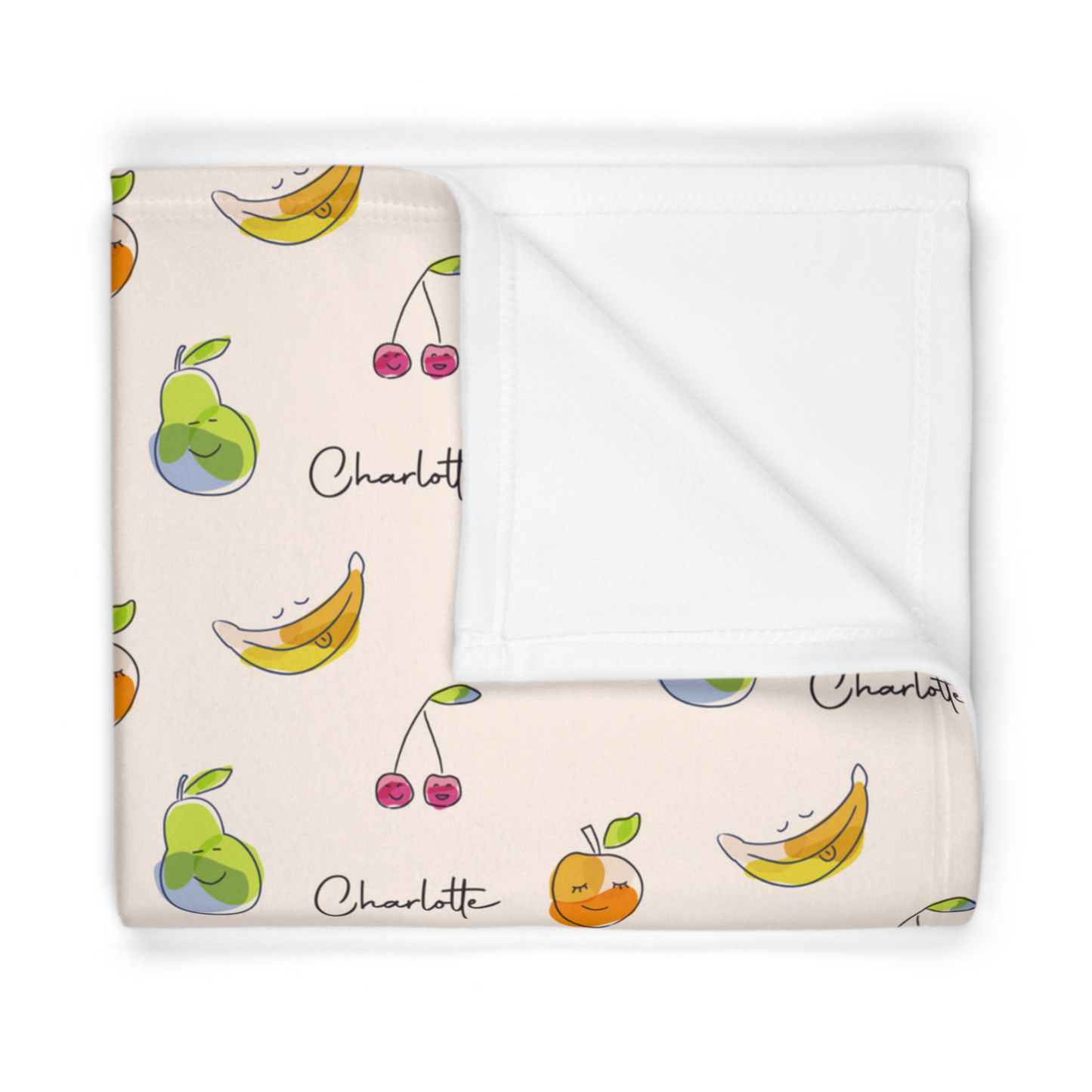 Folded fleece fabric personalized baby blanket in happy fruit pattern