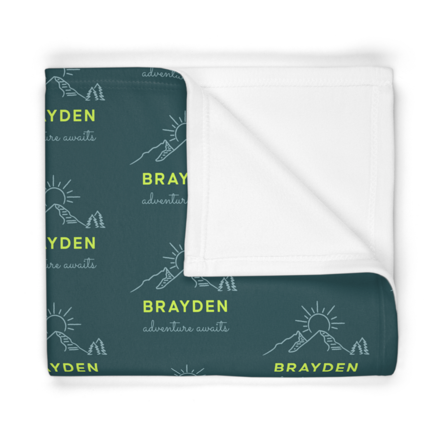 Folded fleece fabric personalized baby blanket in green mountain adventure pattern