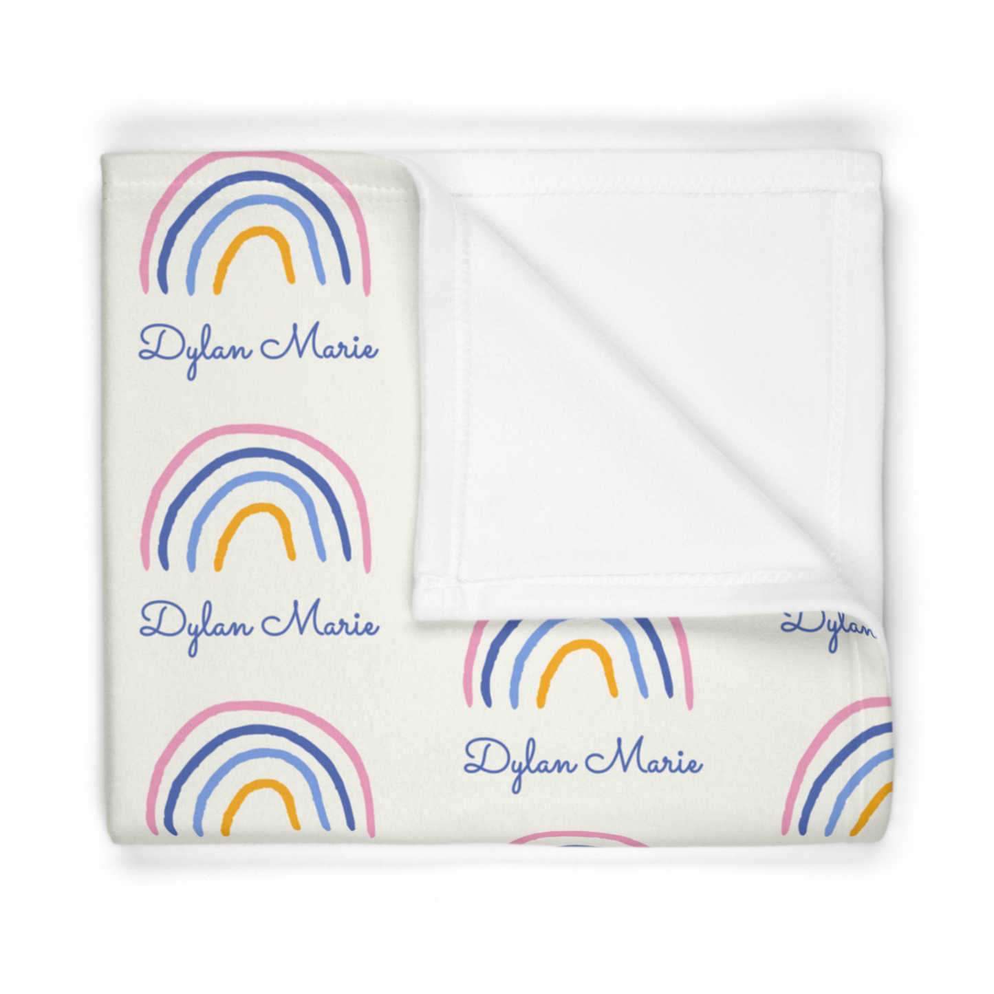 Folded fleece fabric personalized baby blanket in rainbow pattern
