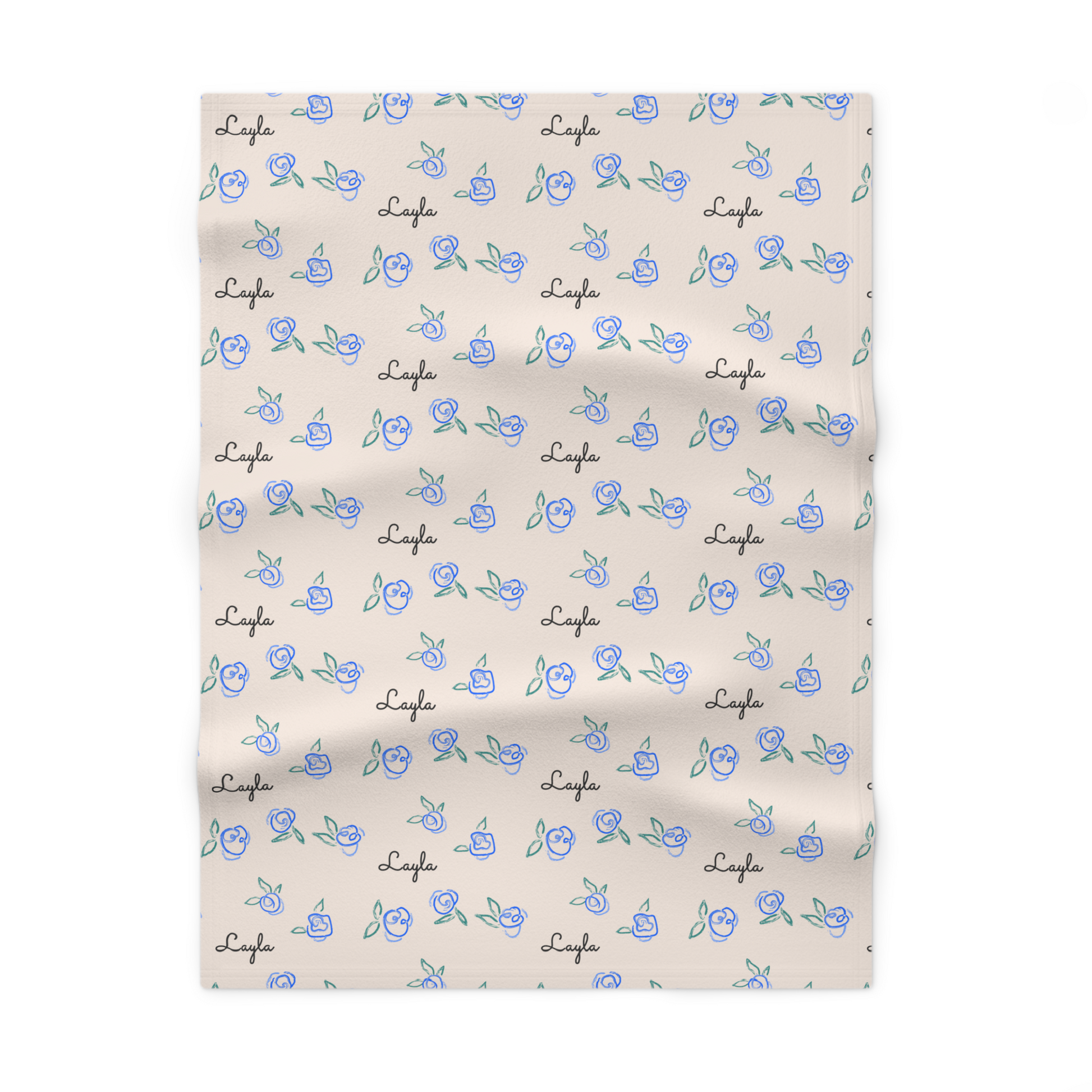 Fleece personalized baby blanket in blue rose pattern laid flat