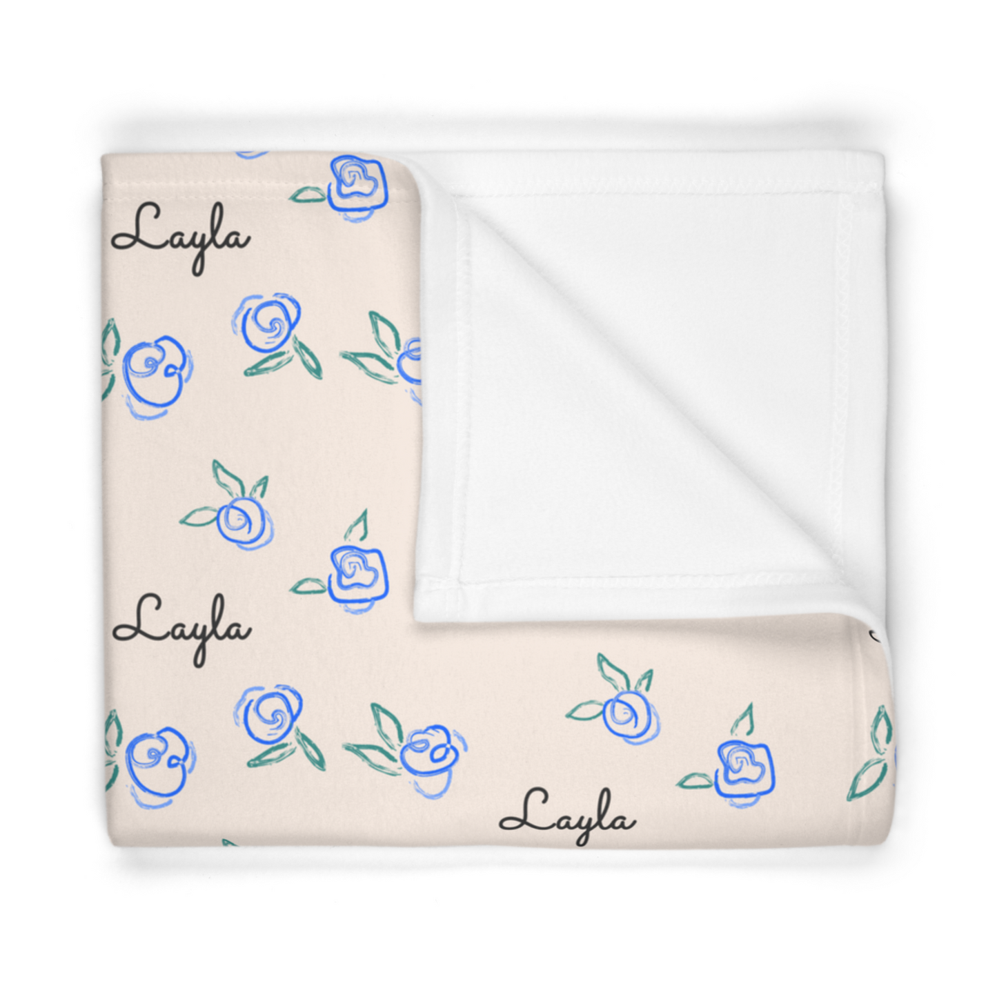 Folded fleece fabric personalized baby blanket in blue rose pattern