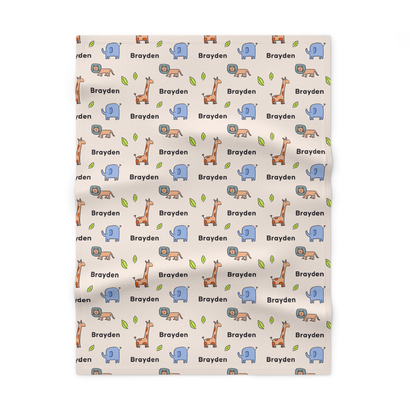 Fleece personalized baby blanket in safari animal pattern laid flat