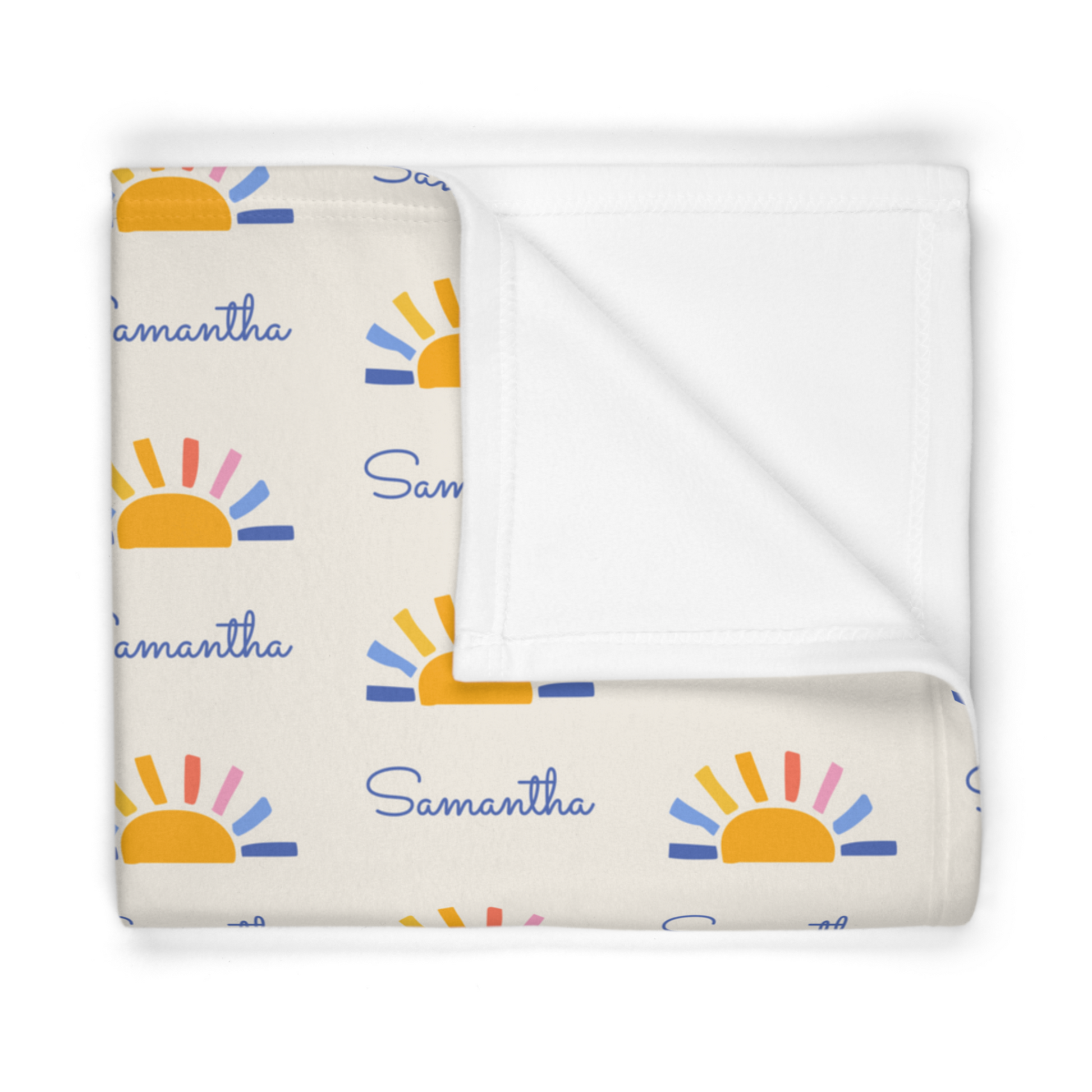 Folded fleece fabric personalized baby blanket in sun pattern